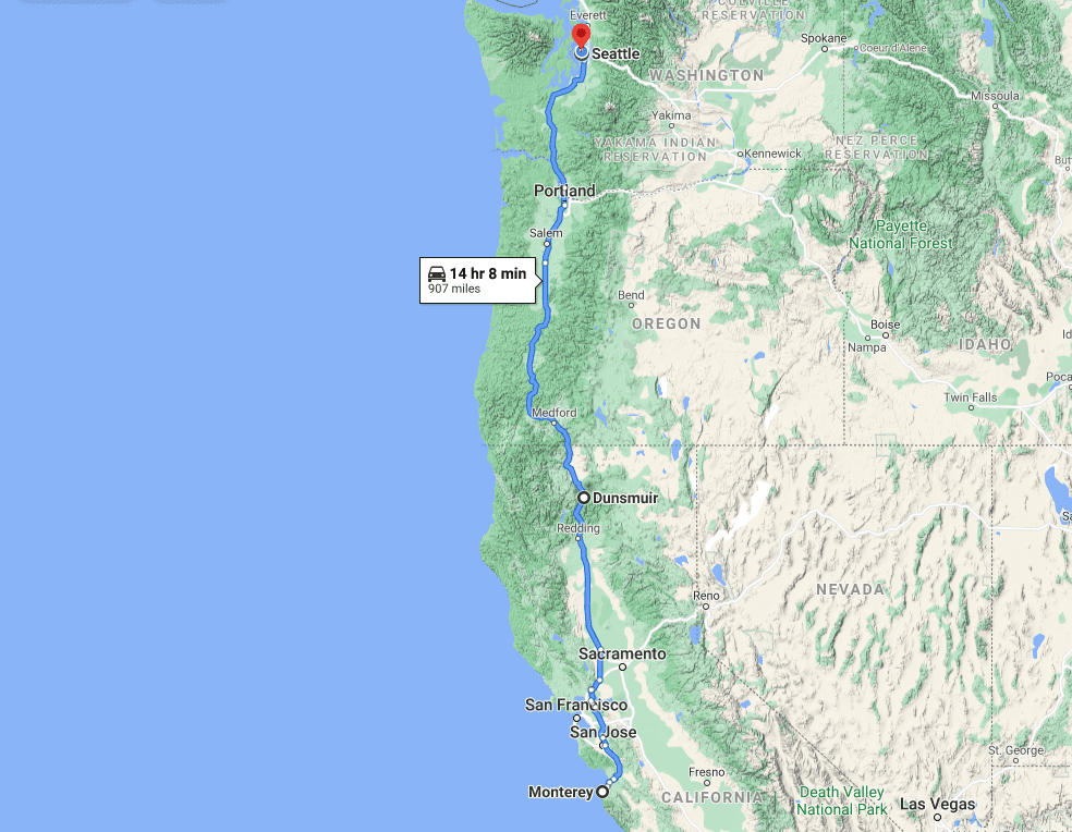 map of route from Monterey to Seattle