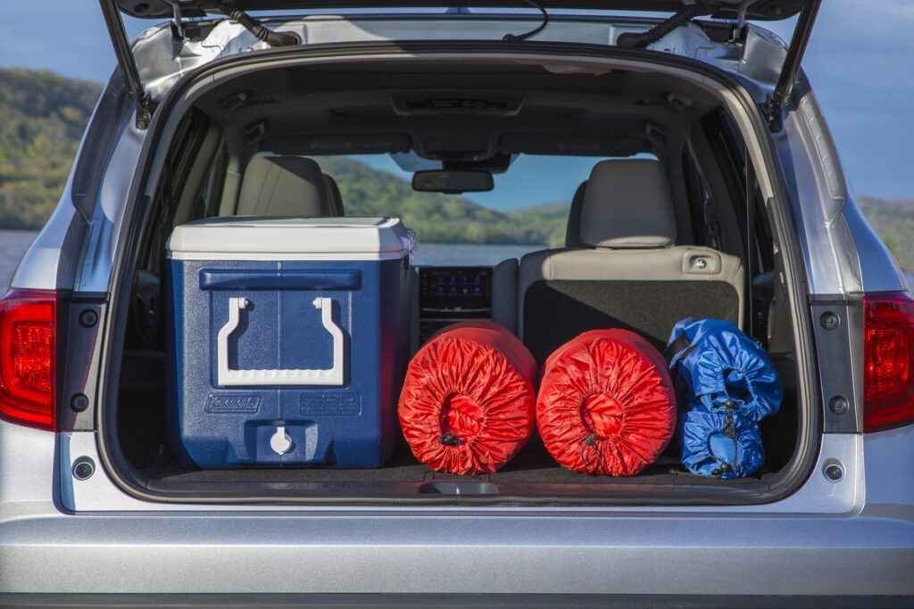 2016 Honda Pilot interior cargo area with camping gear