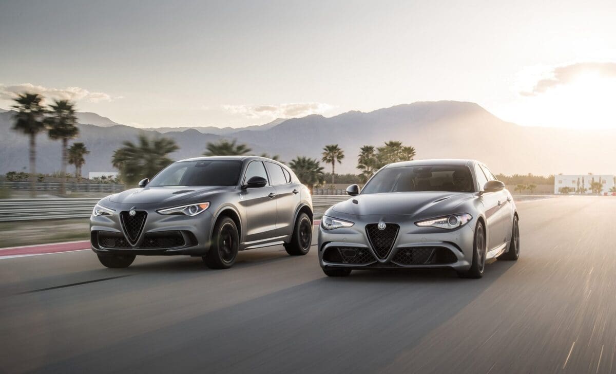 2019 Alfa Romeo Stelvio and Giulia driving side-by-side